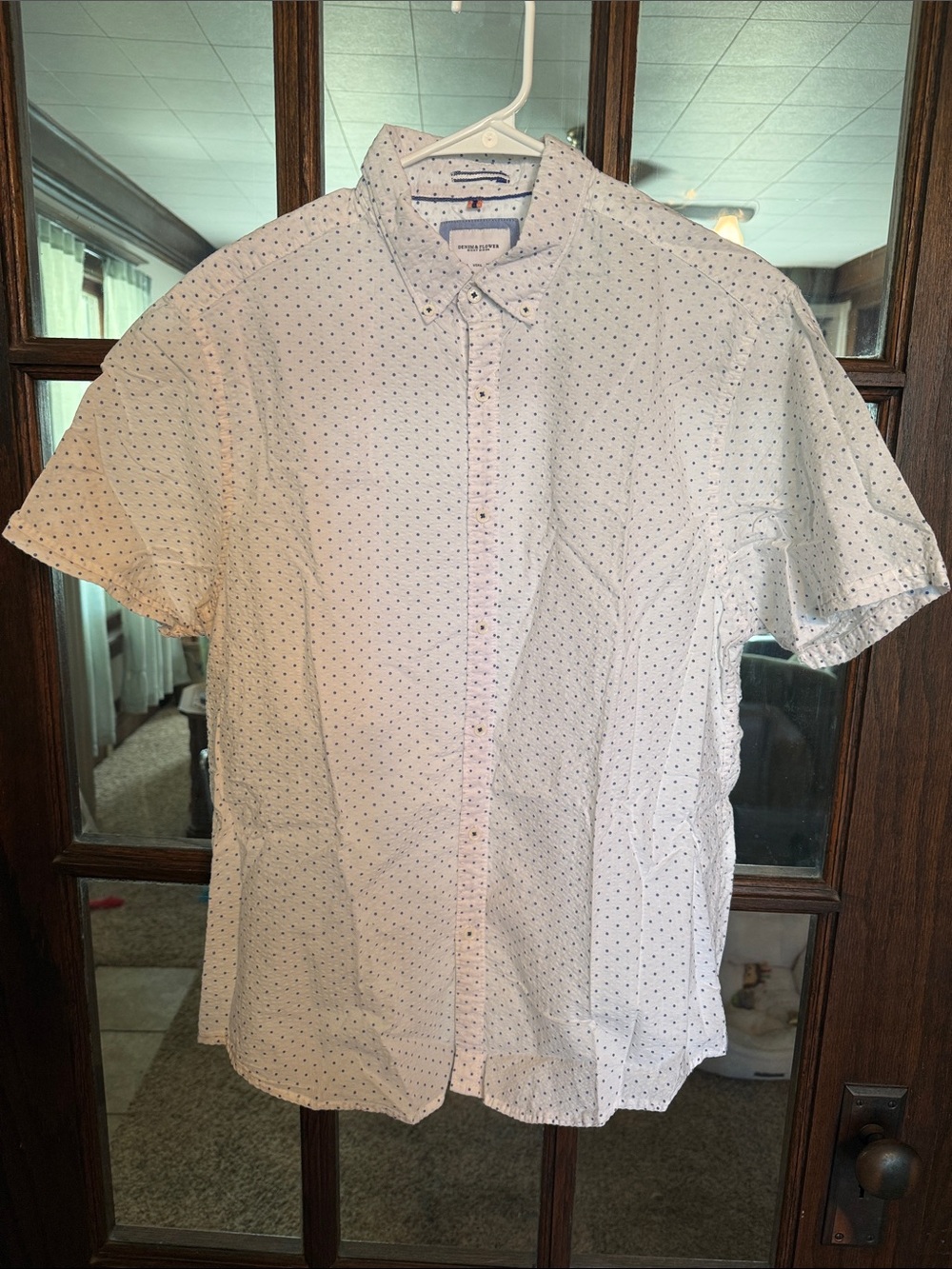 Denim & Flower Ricky Singh Mens Large White Blue Polka Dot Seersucker Shirt SS